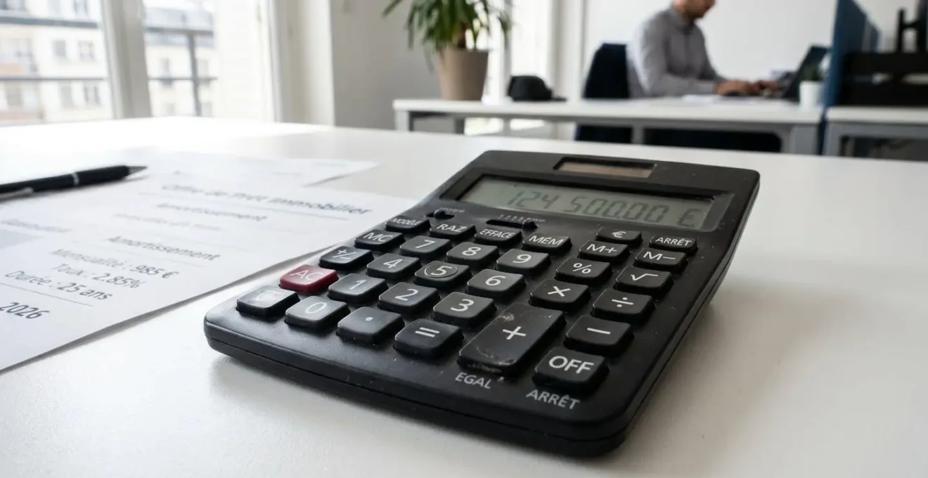 Gros plan d'une calculatrice noire posée sur un bureau blanc avec des documents de calcul de crédit légèrement flous en arrière-plan
