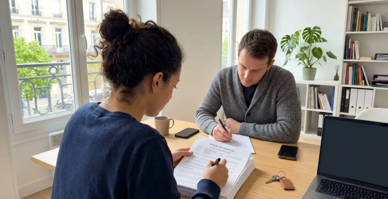 Un couple vu de trois-quarts examine des documents de prêt immobilier sur un bureau moderne et lumineux, avec un ordinateur portable ouvert en arrière-plan