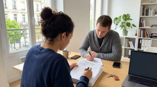 Un couple vu de trois-quarts examine des documents de prêt immobilier sur un bureau moderne et lumineux, avec un ordinateur portable ouvert en arrière-plan