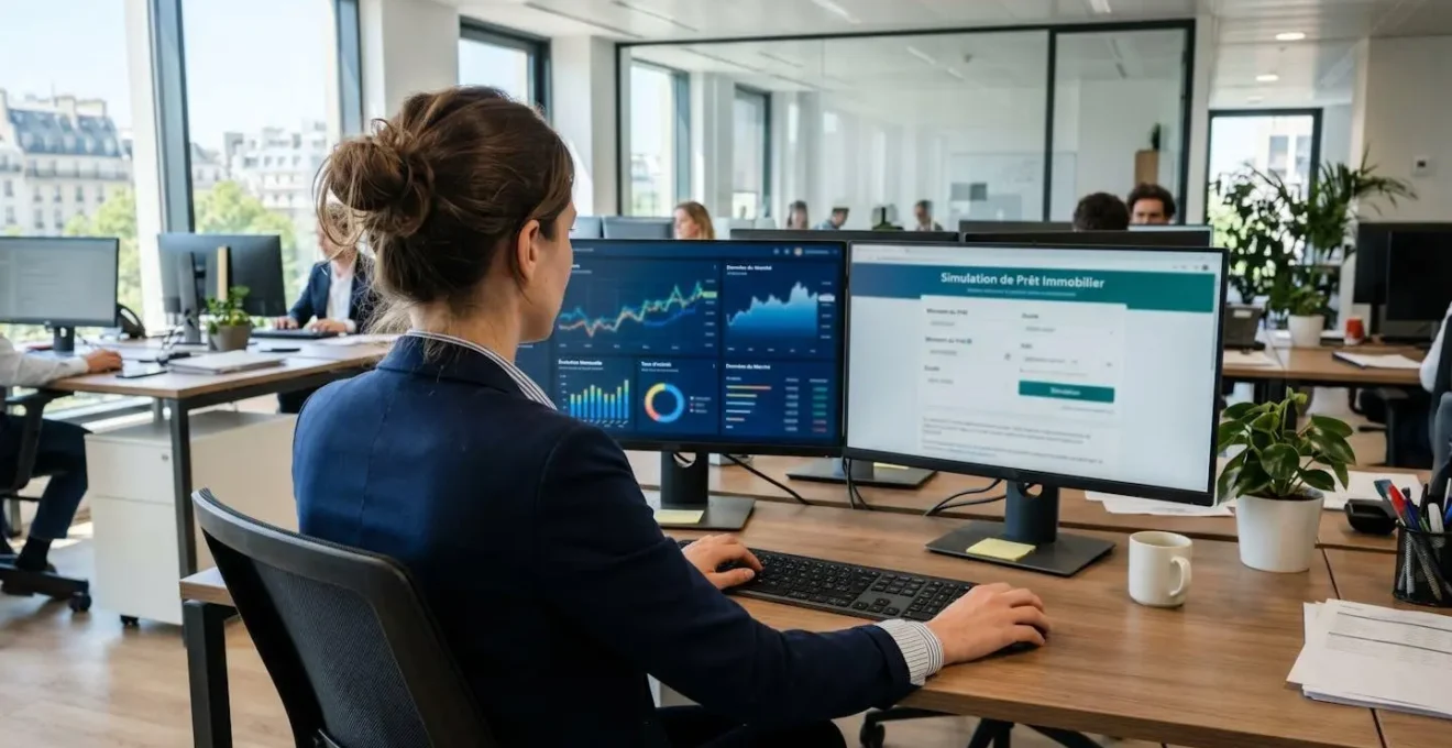 Vue de trois-quarts arrière d'un professionnel travaillant sur un double écran affichant des graphiques financiers flous, dans un bureau moderne lumineux